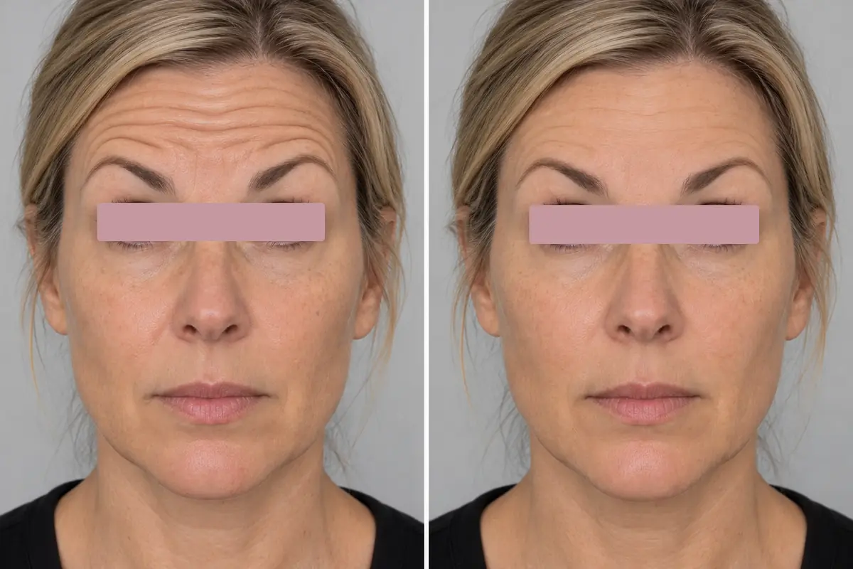 Lignes du front, sourcils lev&eacute;s, avant et deux semaines apr&egrave;s une injection de neuromodulateurs. Femme dans la quarantaine, yeux masqu&eacute;s. Exemple non r&eacute;el.