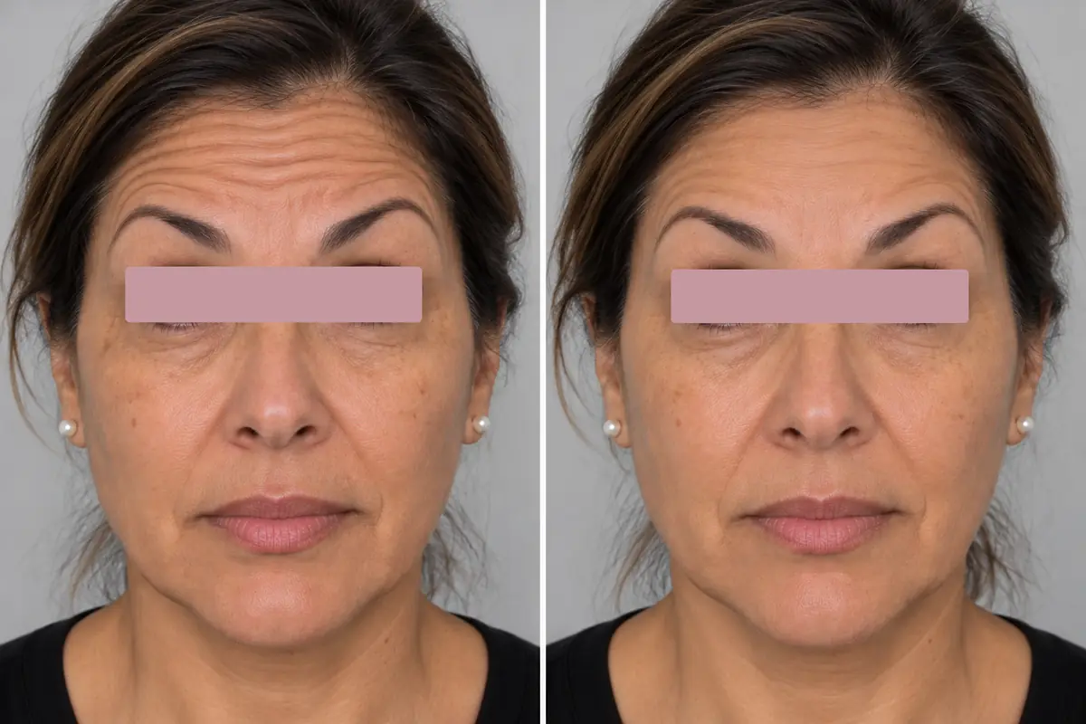Lignes du front, avant et deux semaines apr&egrave;s une injection de neuromodulateurs : les sourcils bougent encore. Femme dans la cinquantaine, yeux masqu&eacute;s. Exemple non r&eacute;el.