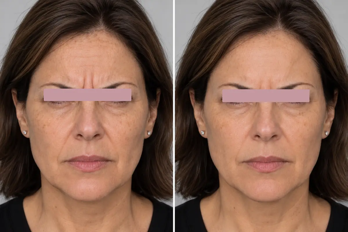 Rides du lion au froncement, avant et deux semaines apr&egrave;s une injection de neuromodulateurs. Femme dans la quarantaine, yeux masqu&eacute;s. Exemple non r&eacute;el.