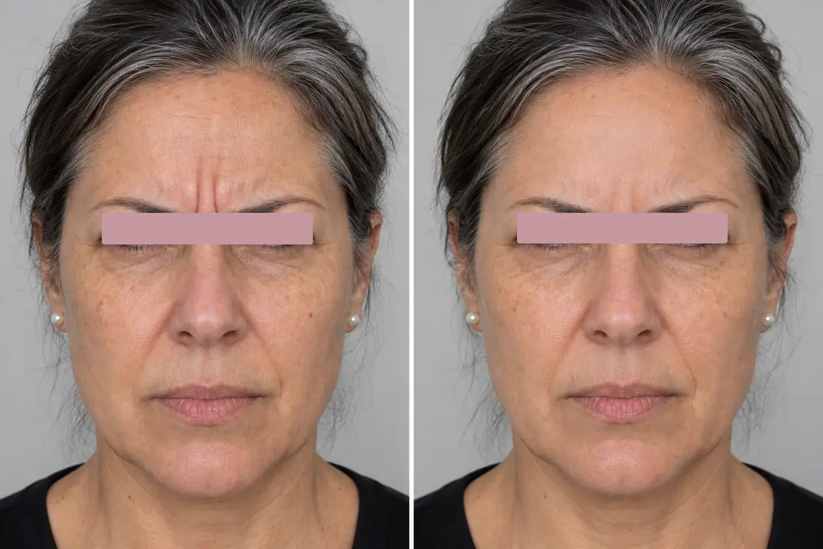Rides du lion marqu&eacute;es, avant et deux semaines apr&egrave;s : les lignes sont plus l&eacute;g&egrave;res mais encore visibles. Femme dans la cinquantaine, yeux masqu&eacute;s. Exemple non r&eacute;el.