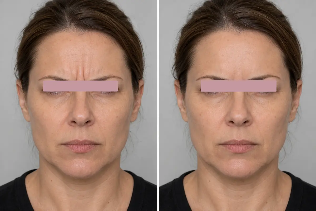 Rides du lion l&eacute;g&egrave;res, avant et deux semaines apr&egrave;s une injection de neuromodulateurs. Femme dans la quarantaine, yeux masqu&eacute;s. Exemple non r&eacute;el.
