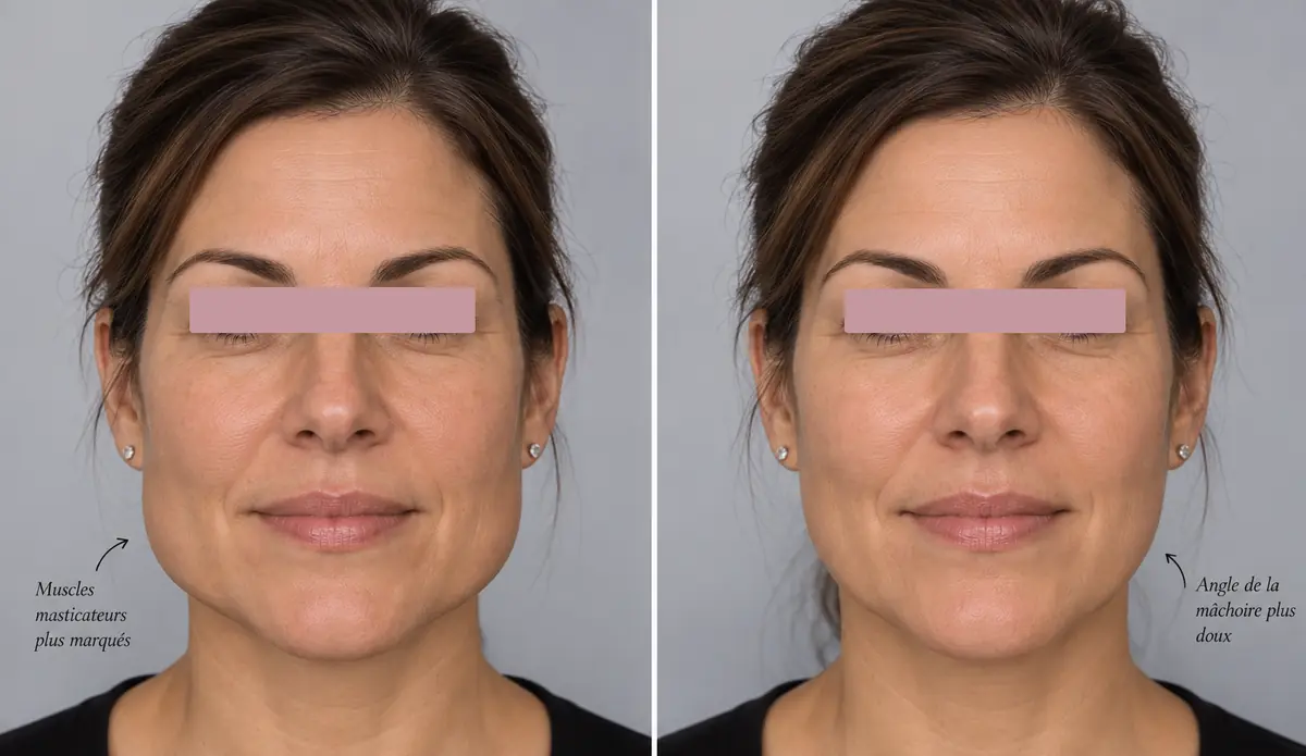 M&acirc;choire vue de face, avant et trois mois apr&egrave;s une injection dans les mass&eacute;ters : l'angle de la m&acirc;choire para&icirc;t plus doux. Yeux masqu&eacute;s. Exemple non r&eacute;el.