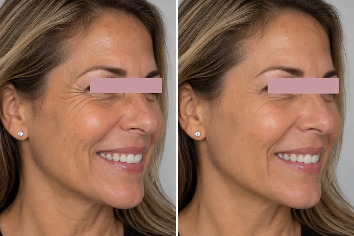 Pattes d'oie au sourire, vue de trois quarts, avant et deux semaines apr&egrave;s une injection de neuromodulateurs. Femme dans la quarantaine, &oelig;il masqu&eacute;. Exemple non r&eacute;el.