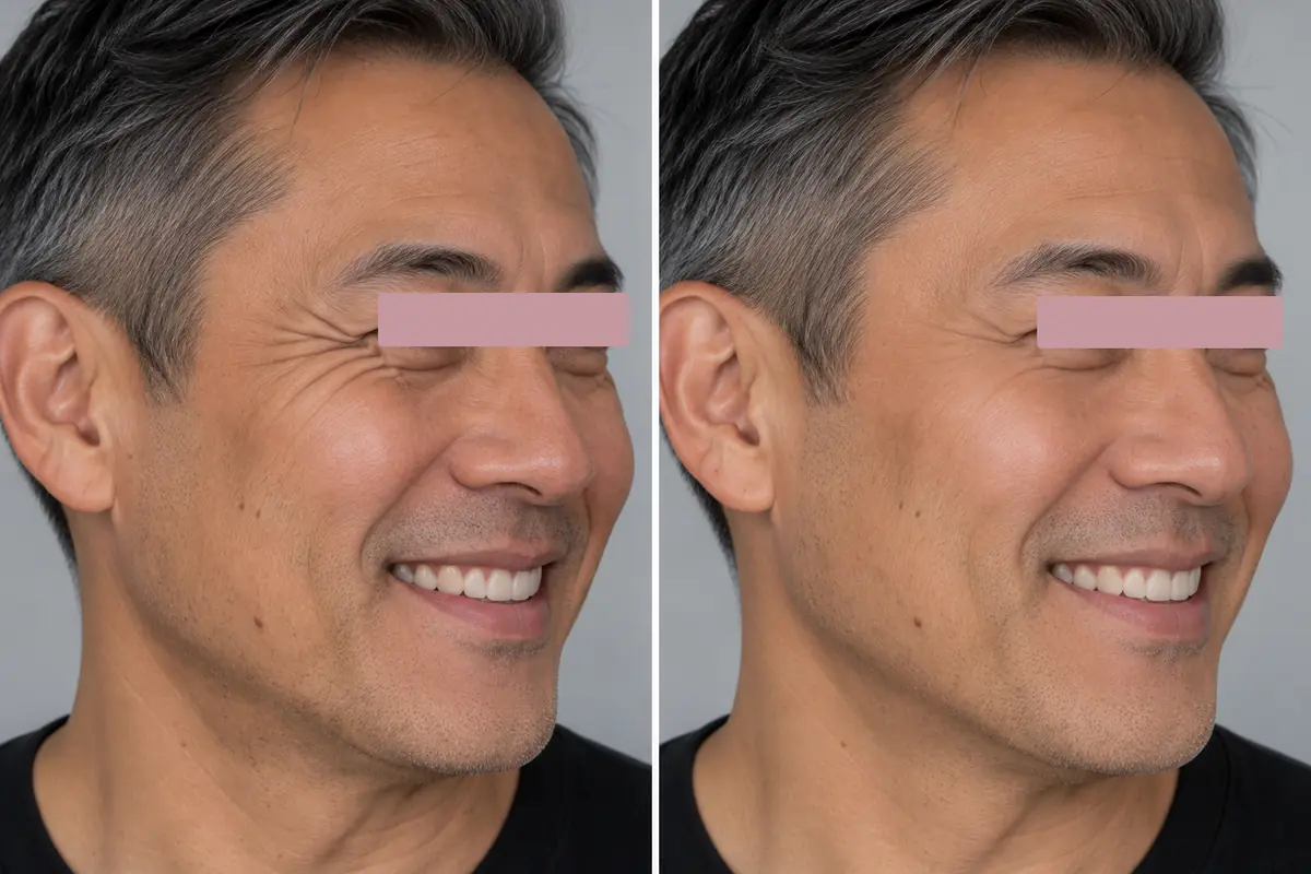 Pattes d'oie au sourire chez un homme, vue de trois quarts, avant et deux semaines apr&egrave;s une injection de neuromodulateurs. &OElig;il masqu&eacute;. Exemple non r&eacute;el.