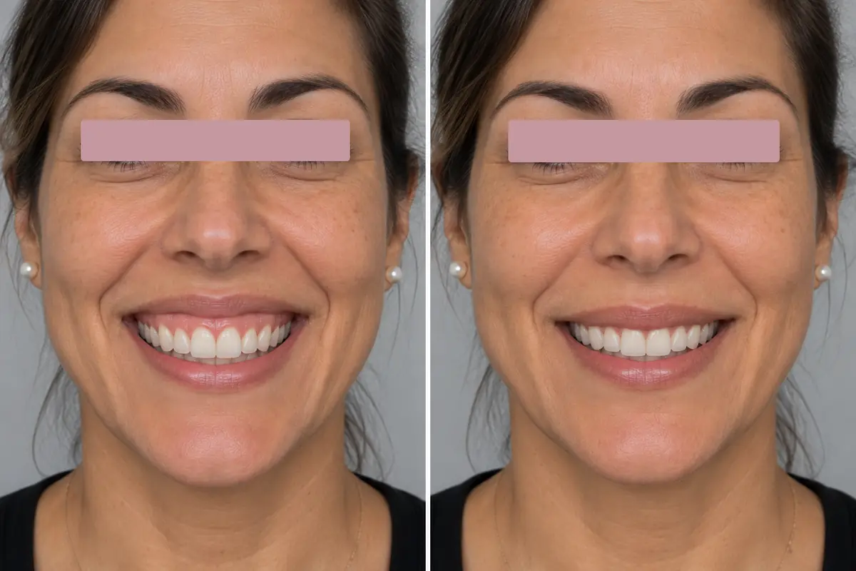 Sourire gingival, avant et deux semaines apr&egrave;s une injection de neuromodulateurs : la l&egrave;vre sup&eacute;rieure d&eacute;couvre moins la gencive. Yeux masqu&eacute;s. Exemple non r&eacute;el.