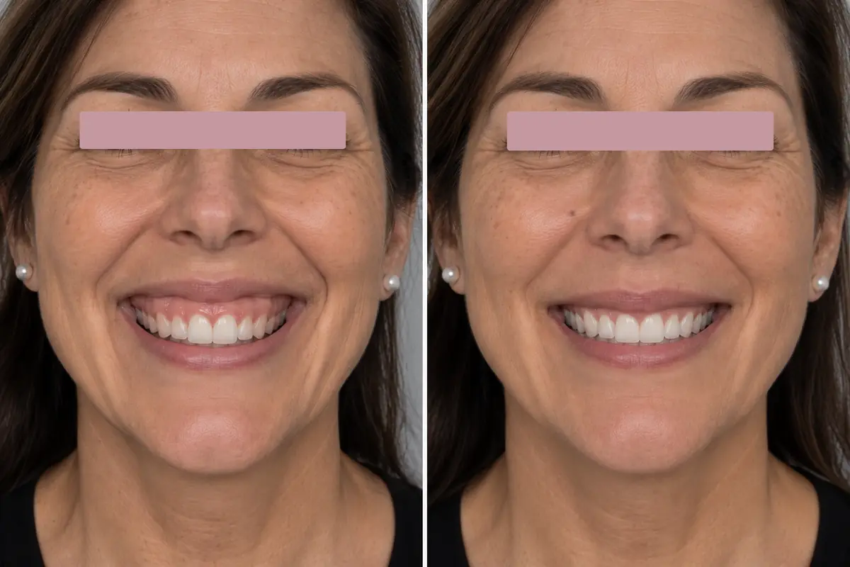 Sourire montrant la gencive, avant et deux semaines apr&egrave;s une injection de neuromodulateurs. Yeux masqu&eacute;s. Exemple non r&eacute;el.